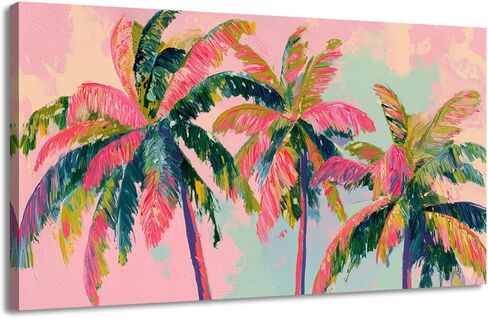 llribbons Palm Tree Canvas Wall Art Coastal Seascape Pictures Tropical Botanical Painting Modern Pink Artwork Prints for Bathroom Beach House Bedroom Living Room Home Office Decor Framed 20" x 40" in Saudi Arabia