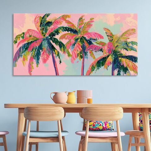 llribbons Palm Tree Canvas Wall Art Coastal Seascape Pictures Tropical Botanical Painting Modern Pink Artwork Prints for Bathroom Beach House Bedroom Living Room Home Office Decor Framed 20" x 40" in Saudi Arabia