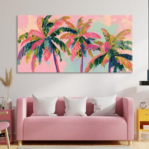 llribbons Palm Tree Canvas Wall Art Coastal Seascape Pictures Tropical Botanical Painting Modern Pink Artwork Prints for Bathroom Beach House Bedroom Living Room Home Office Decor Framed 20" x 40" in Saudi Arabia