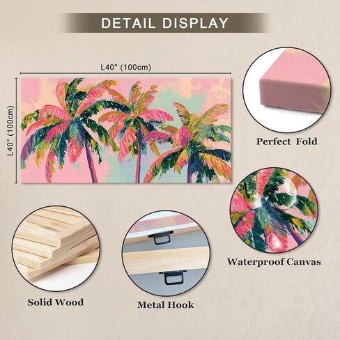 llribbons Palm Tree Canvas Wall Art Coastal Seascape Pictures Tropical Botanical Painting Modern Pink Artwork Prints for Bathroom Beach House Bedroom Living Room Home Office Decor Framed 20" x 40" in Saudi Arabia