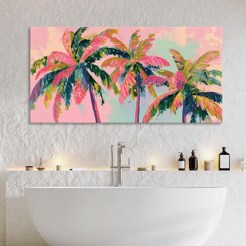llribbons Palm Tree Canvas Wall Art Coastal Seascape Pictures Tropical Botanical Painting Modern Pink Artwork Prints for Bathroom Beach House Bedroom Living Room Home Office Decor Framed 20" x 40" in Saudi Arabia