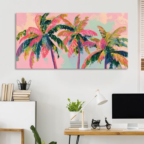 llribbons Palm Tree Canvas Wall Art Coastal Seascape Pictures Tropical Botanical Painting Modern Pink Artwork Prints for Bathroom Beach House Bedroom Living Room Home Office Decor Framed 20" x 40" in Saudi Arabia