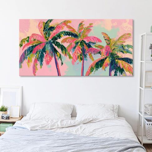 llribbons Palm Tree Canvas Wall Art Coastal Seascape Pictures Tropical Botanical Painting Modern Pink Artwork Prints for Bathroom Beach House Bedroom Living Room Home Office Decor Framed 20" x 40" in Saudi Arabia