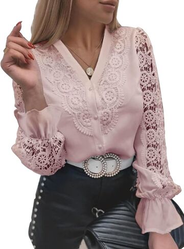 Women's Women's Dressy Lace V Neck Blouse Button Down Long Sleeve Elegant Shirt Top in Saudi Arabia