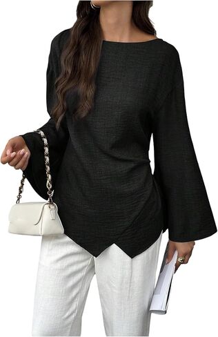 SHENHE Women's Fall Dressy Casual Blouse Bell Long Sleeve Ruched Asymmetrical Business Work Top in Saudi Arabia