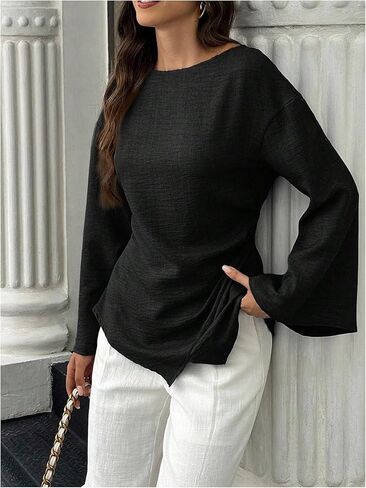 SHENHE Women's Fall Dressy Casual Blouse Bell Long Sleeve Ruched Asymmetrical Business Work Top in Saudi Arabia