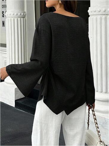 SHENHE Women's Fall Dressy Casual Blouse Bell Long Sleeve Ruched Asymmetrical Business Work Top in Saudi Arabia