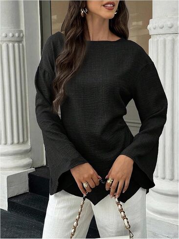 SHENHE Women's Fall Dressy Casual Blouse Bell Long Sleeve Ruched Asymmetrical Business Work Top in Saudi Arabia