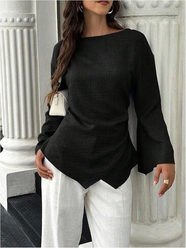 SHENHE Women's Fall Dressy Casual Blouse Bell Long Sleeve Ruched Asymmetrical Business Work Top in Saudi Arabia