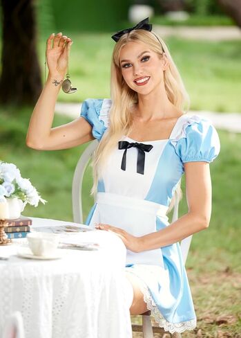 Women’s Halloween Costume Blue White Puff Sleeve Princess Dress with Headband and Stockings in Saudi Arabia