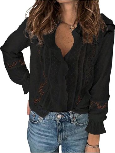 SHENHE Women's Lace Crochet Tunic Tops Casual Flowy Hollow Out V Neck Button Down Blouses Shirts 2025 in Saudi Arabia
