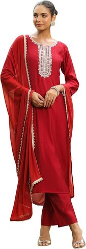 Janasya Indian Women's Chanderi Silk Maroon Embroidered Festive Wear Kurta Set for Women in Saudi Arabia