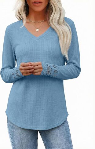 AGSEEM قمصان طويلة الأكمام للنساء الدانتيل الكفة تونك القمم لطماق الخامس الرقبة بلوزات غير رسمية متأنق 2026 الربيع الصيف القمم in Kuwait