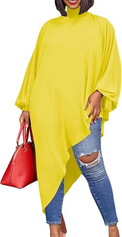 Women's Mock Neck Asymmetrical High Low Balloon Long Sleeve Long Shirt Blouse Tunic Top in Saudi Arabia