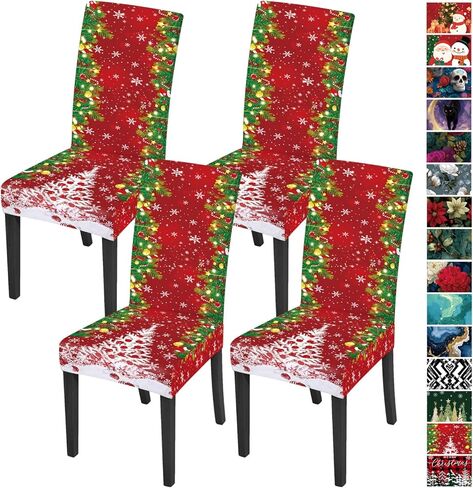 Buffalo Plaid Christmas Chair Covers Set of 4 – Red and Black Checkered Holiday Dining Slipcovers with Snowflakes and Trees – Stretch Washable Winter Decor in Saudi Arabia