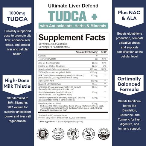 Totaria TUDCA 1000mg Liver Support Supplement with Milk Thistle, NAC, ALA, 80% Silymarin, 15-in-1 Extra Strength Bile Salts, for Liver Cleanse Detox & Repair, Gallbladder, Non-GMO, 120 Capsules in Saudi Arabia