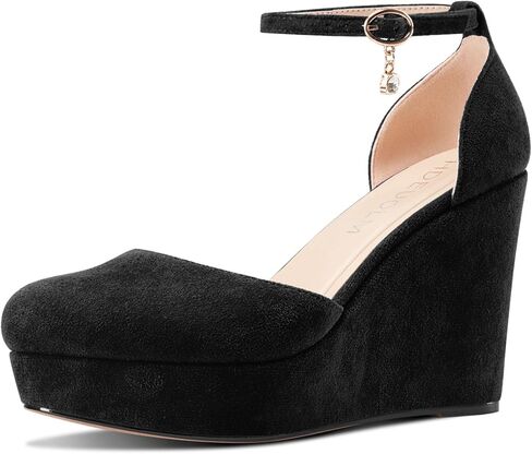 HDEUOLM Womens Wedges Platform Heel Round Toe Pumps Ankle Strap Two-Piece Casual Basic Classic 3.9 Inches Heels in Saudi Arabia