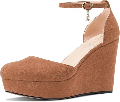 HDEUOLM Womens Wedges Platform Heel Round Toe Pumps Ankle Strap Two-Piece Casual Basic Classic 3.9 Inches Heels in Saudi Arabia
