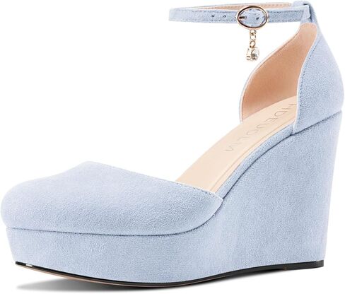 HDEUOLM Womens Wedges Platform Heel Round Toe Pumps Ankle Strap Two-Piece Casual Basic Classic 3.9 Inches Heels in Saudi Arabia