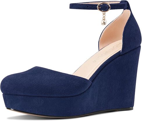 HDEUOLM Womens Wedges Platform Heel Round Toe Pumps Ankle Strap Two-Piece Casual Basic Classic 3.9 Inches Heels in Saudi Arabia