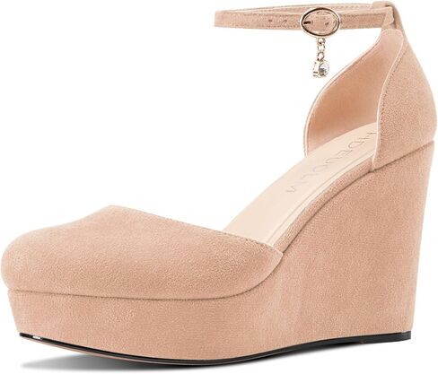 HDEUOLM Womens Wedges Platform Heel Round Toe Pumps Ankle Strap Two-Piece Casual Basic Classic 3.9 Inches Heels in Saudi Arabia