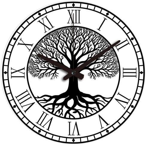CHGCRAFT Black Tree of Life Pattern Wall Clock 12 Inch Non-Ticking Roman Text Clocks Round Wall Hanging Clock Battery Operated for Bedroom Living Room Kitchen Office in Saudi Arabia