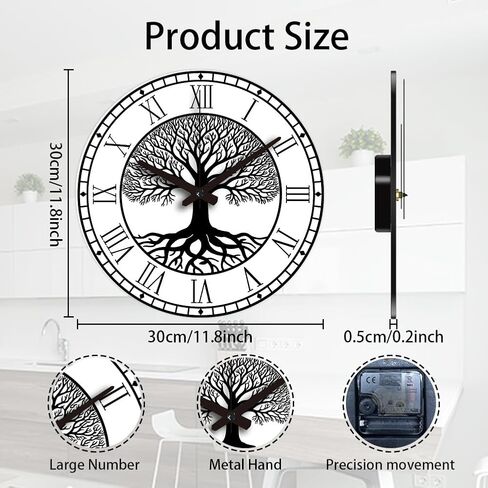 CHGCRAFT Black Tree of Life Pattern Wall Clock 12 Inch Non-Ticking Roman Text Clocks Round Wall Hanging Clock Battery Operated for Bedroom Living Room Kitchen Office in Saudi Arabia