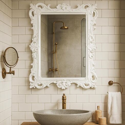 Vintage European White Wall Mirror, Ornate Carved Frame Decorative Mirror, Handcrafted Distressed Antique White Finish for Wall Decor in Living Room, Bedroom, Hallway, Bathroom, Vanity in Saudi Arabia