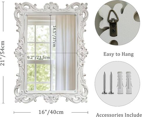Vintage European White Wall Mirror, Ornate Carved Frame Decorative Mirror, Handcrafted Distressed Antique White Finish for Wall Decor in Living Room, Bedroom, Hallway, Bathroom, Vanity in Saudi Arabia