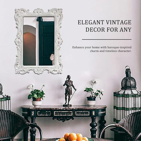 Vintage European White Wall Mirror, Ornate Carved Frame Decorative Mirror, Handcrafted Distressed Antique White Finish for Wall Decor in Living Room, Bedroom, Hallway, Bathroom, Vanity in Saudi Arabia