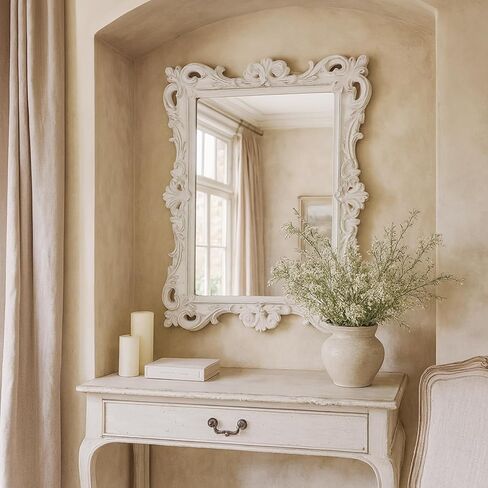 Vintage European White Wall Mirror, Ornate Carved Frame Decorative Mirror, Handcrafted Distressed Antique White Finish for Wall Decor in Living Room, Bedroom, Hallway, Bathroom, Vanity in Saudi Arabia