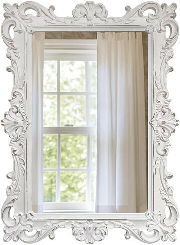 Vintage European White Wall Mirror, Ornate Carved Frame Decorative Mirror, Handcrafted Distressed Antique White Finish for Wall Decor in Living Room, Bedroom, Hallway, Bathroom, Vanity in Saudi Arabia