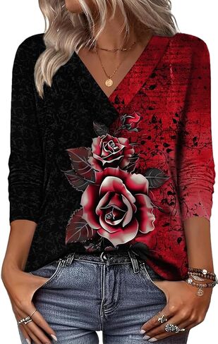 Zeagoo Women's Shirts Long Sleeve V Neck Tshirts Fall Boho Floral Blouses Business Casual Tops in Saudi Arabia