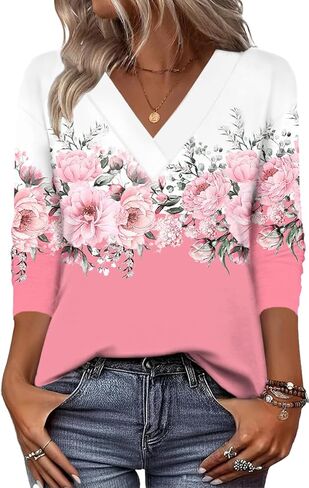 Zeagoo Women's Shirts Long Sleeve V Neck Tshirts Fall Boho Floral Blouses Business Casual Tops in Saudi Arabia
