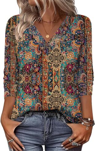 Zeagoo Women's Shirts Long Sleeve V Neck Tshirts Fall Boho Floral Blouses Business Casual Tops in Saudi Arabia