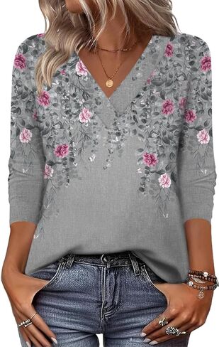 Zeagoo Women's Shirts Long Sleeve V Neck Tshirts Fall Boho Floral Blouses Business Casual Tops in Saudi Arabia