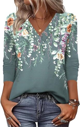 Zeagoo Women's Shirts Long Sleeve V Neck Tshirts Fall Boho Floral Blouses Business Casual Tops in Saudi Arabia