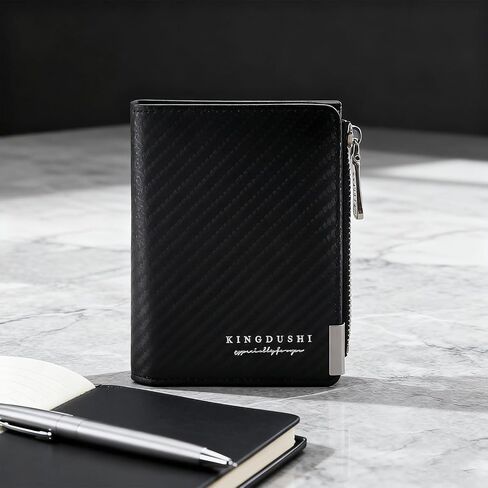 Carbon Fiber Men's Wallet, Double Fold Solid Color Simple Snap Button Wallet with Zipper, 6 Cards Slots, 1 ID Window, 1 Cash Layer Compact Wallet for Daily Work Travel Card Holder for Men(Black) in Saudi Arabia