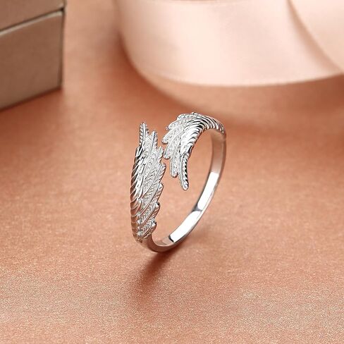 925 Sterling Silver Angel Wings Ring, Adjustable Feather Wrap Open Ring for Women, Dainty Spiritual Jewelry Gift in Saudi Arabia