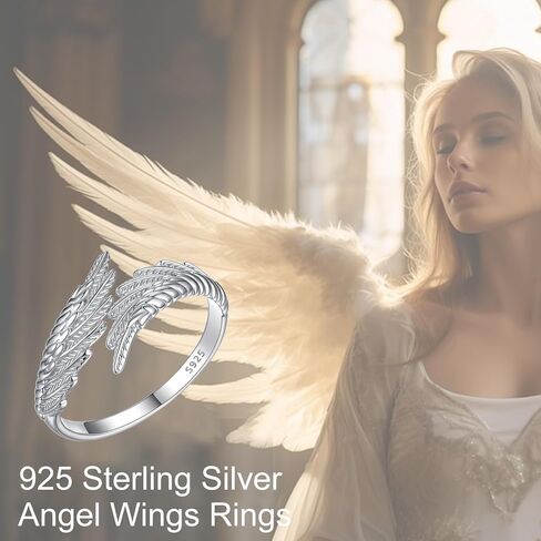 925 Sterling Silver Angel Wings Ring, Adjustable Feather Wrap Open Ring for Women, Dainty Spiritual Jewelry Gift in Saudi Arabia