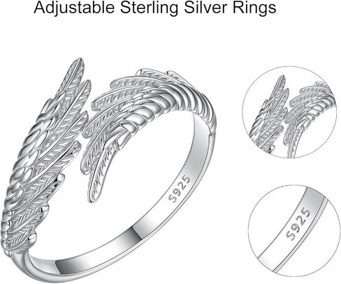 925 Sterling Silver Angel Wings Ring, Adjustable Feather Wrap Open Ring for Women, Dainty Spiritual Jewelry Gift in Saudi Arabia