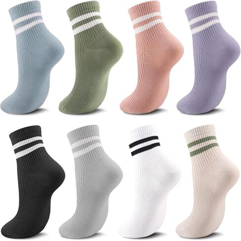 8 Pairs Ladies Sports Socks, Breathable Cotton Women Crew Ankle Sock Striped Mid-Calf Athletic Socks for Women Girls, Size 5.5-9 in Saudi Arabia