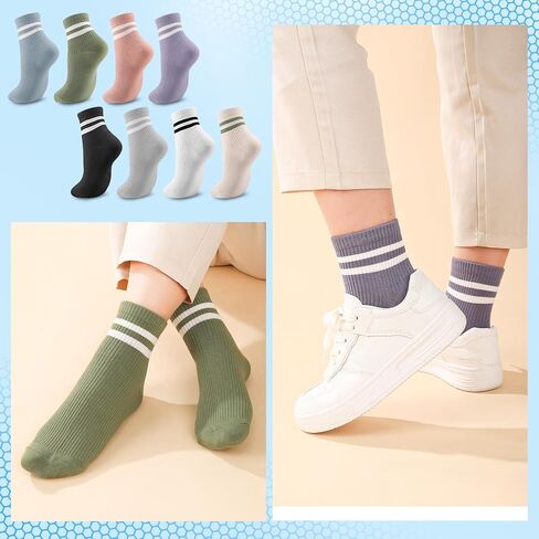 8 Pairs Ladies Sports Socks, Breathable Cotton Women Crew Ankle Sock Striped Mid-Calf Athletic Socks for Women Girls, Size 5.5-9 in Saudi Arabia