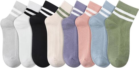 8 Pairs Ladies Sports Socks, Breathable Cotton Women Crew Ankle Sock Striped Mid-Calf Athletic Socks for Women Girls, Size 5.5-9 in Saudi Arabia