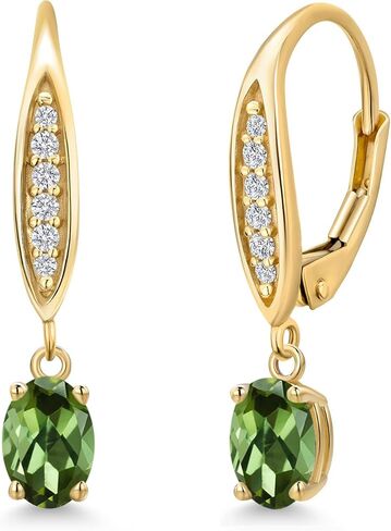 أقراط متدلية من الأحجار الكريمة من Gem Stone King مقاس 6 × 4 مم بشكل بيضاوي من حجر بيرهتستون والألماس المزروع في المختبر للنساء من الذهب الأصفر عيار 10 قيراط | هدايا مجوهرات راقية لأمها وزوجتها in Saudi Arabia