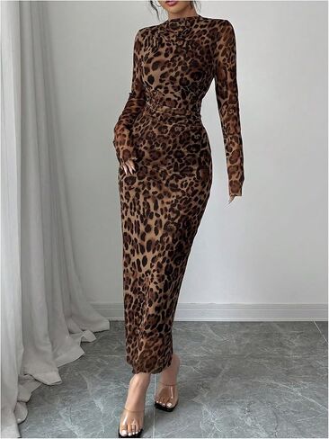 Milumia Women's Leopard Mock Neck Long Sleeve Mesh Dress Elegant Ruched Bodycon Maxi Dresses in Saudi Arabia