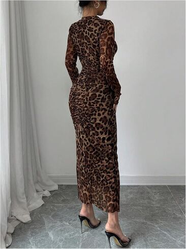 Milumia Women's Leopard Mock Neck Long Sleeve Mesh Dress Elegant Ruched Bodycon Maxi Dresses in Saudi Arabia