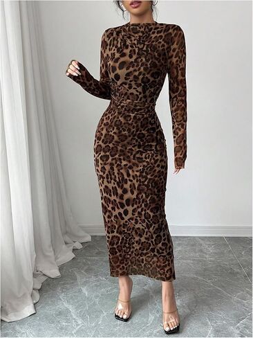 Milumia Women's Leopard Mock Neck Long Sleeve Mesh Dress Elegant Ruched Bodycon Maxi Dresses in Saudi Arabia
