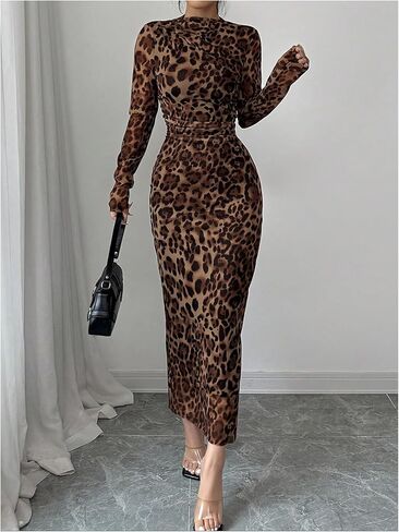 Milumia Women's Leopard Mock Neck Long Sleeve Mesh Dress Elegant Ruched Bodycon Maxi Dresses in Saudi Arabia