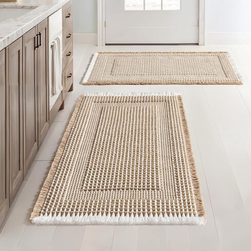 MIULEE Set of 2 Waffle Bathroom Rugs, Boho Bath Rug Super Absorbent, Non Slip Washable Ultra Soft Rubber Backed Shower Bath Mats for Floor, Tub, Shower, Looped Design, Brown, 17"x24"+18"x30" in Saudi Arabia